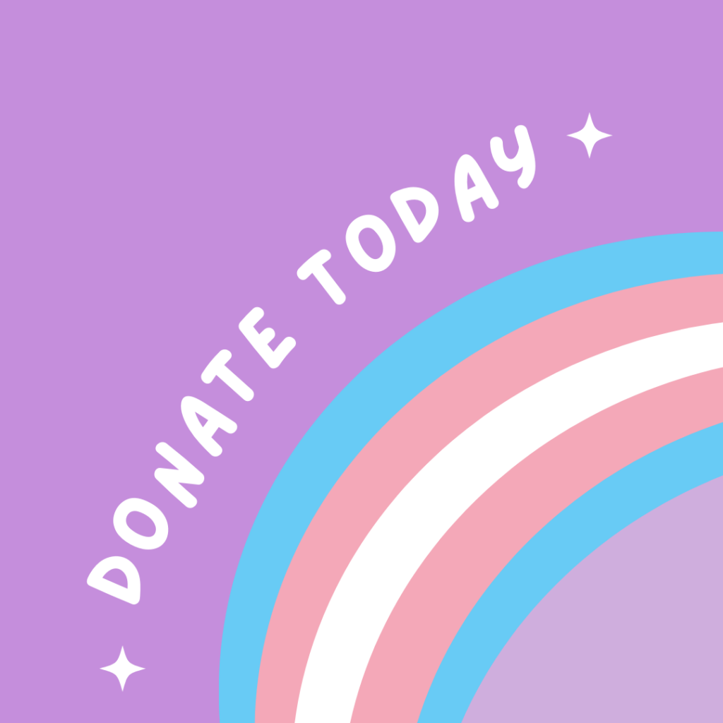 Rainbow with trans colours against a purple background with the text Donate Today in white above the rainbow.